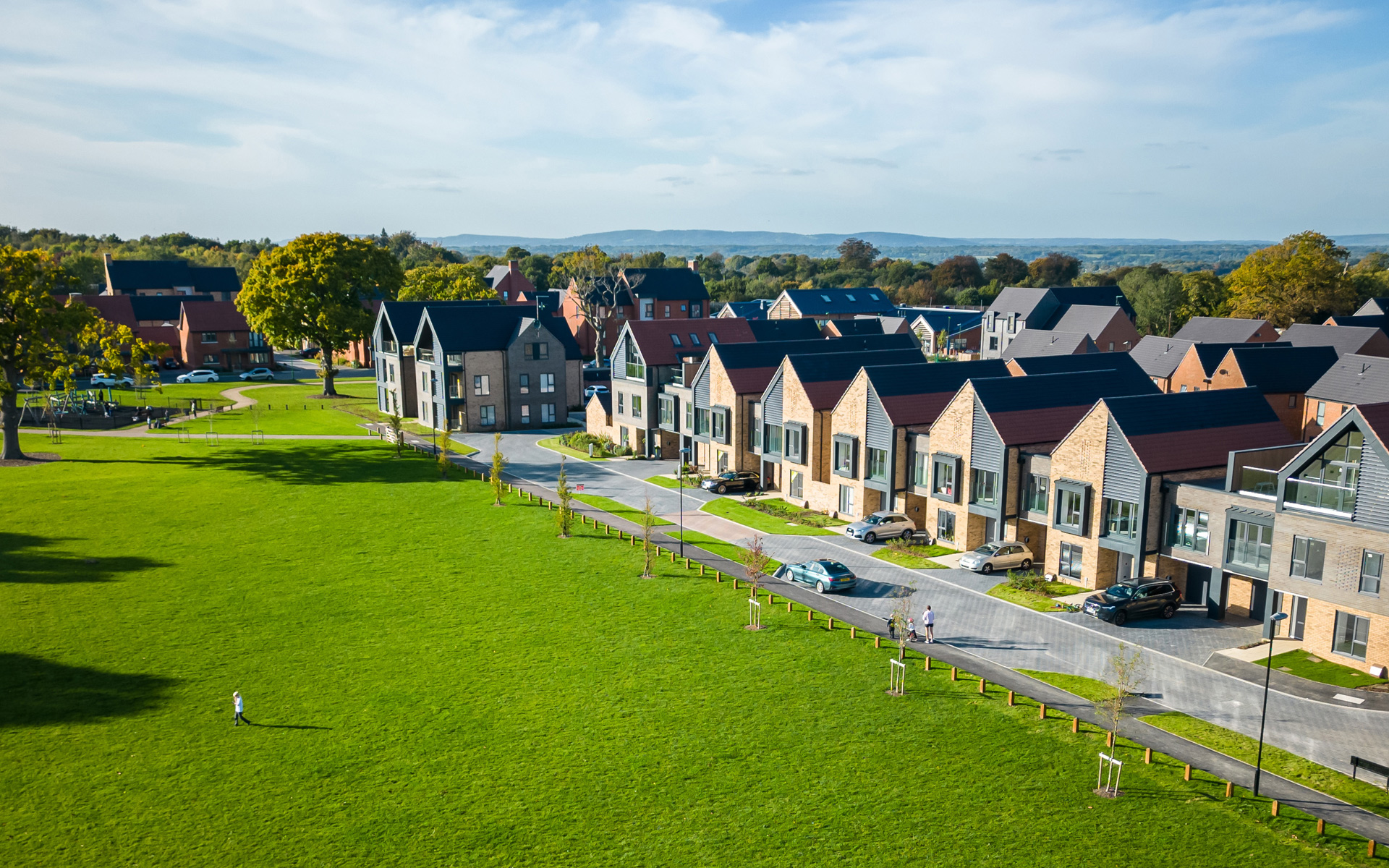 Aerial view of Woodgate at Pease Pottage and the village green.