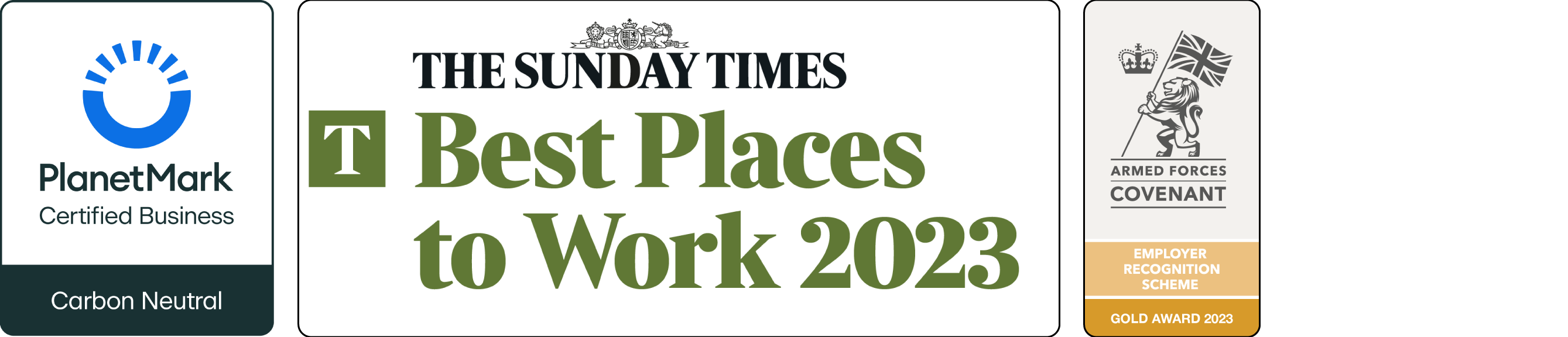 4 logos. Planet mark certified carbon neutral. Sunday Times best place to work. Top 5 best companies to work for in construction and engineering. Armed forces covenant gold.