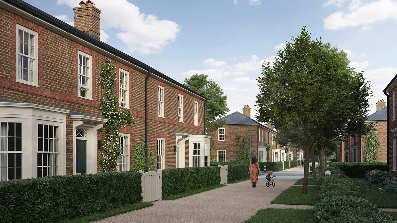 Welborne Garden Village. Dashwood, a set of residential houses on a street in Hampshire. CGI